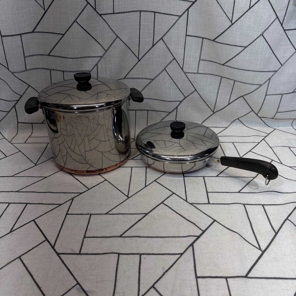 Revere Ware Cookware Set 9in 6qt‎ Silver Copper Bottom Skillet Stock Pot 4pc